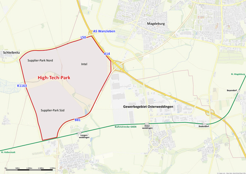 Kartenauschnitt mit Umrissen des geplanten High-Tech-Parks bei Magdeburg