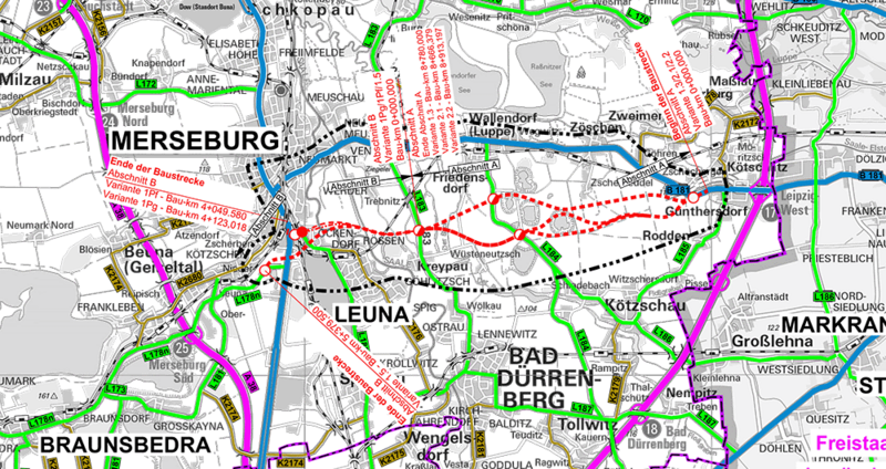 Planungsvarianten der B181 "Ortsumgehung Zöschen-Wallendorf-Merseburg"